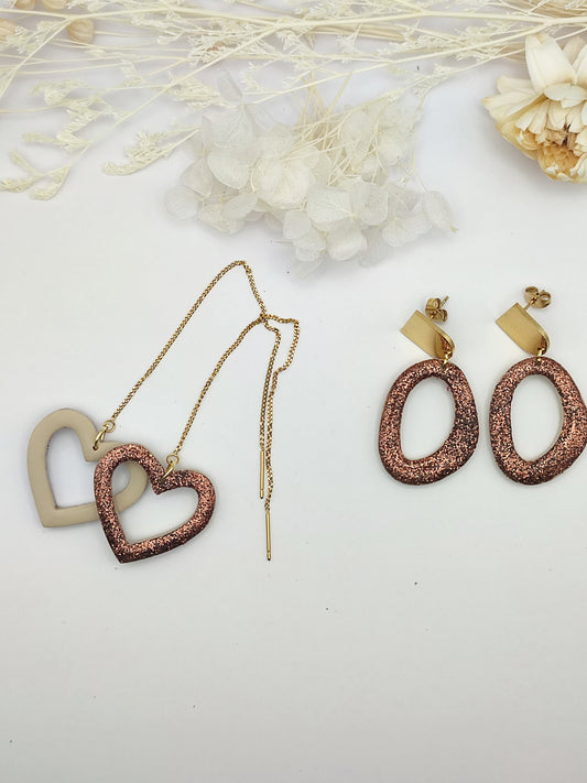 La Bouclette  Dorée - Boucles d'oreilles pendantes en argile polymère, pailleté beige et brun