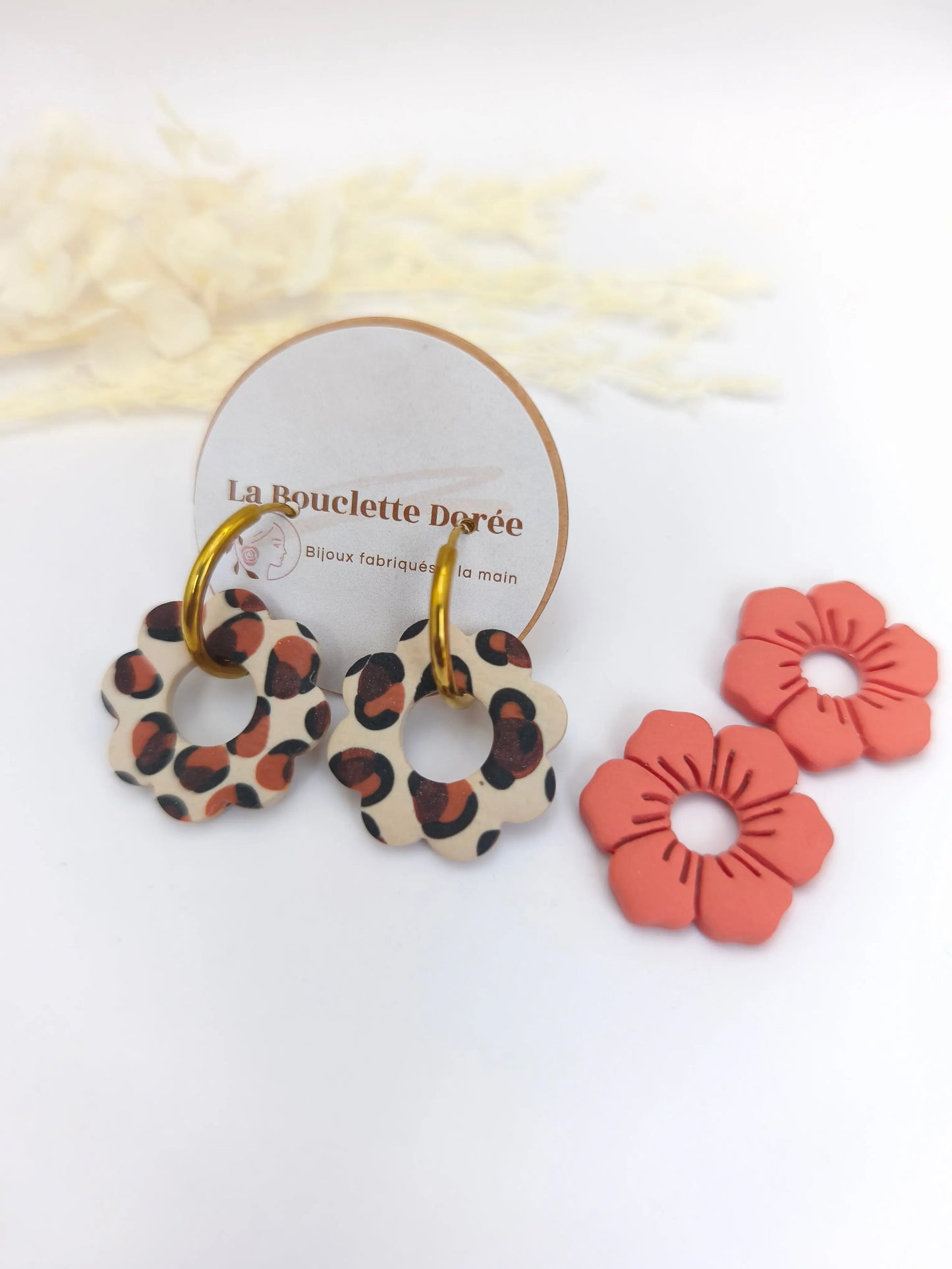 box de créoles interchangeables en pate polymère, doré, fleuri, fleur, motif léopard