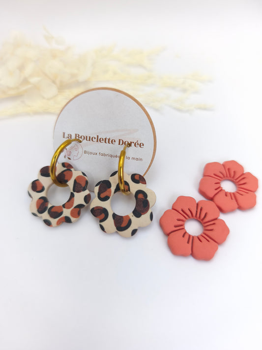 box de créoles interchangeables en pate polymère, doré, fleuri, fleur, motif léopard