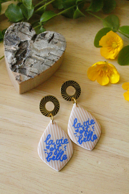 La Bouclette Dorée - Boucles d’oreilles La vie est Belle Orange et bleu La Bouclette Dorée